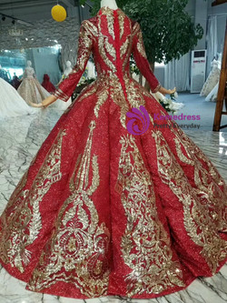 Red Ball Gown Sequins V-neck Long Sleeve Gold Sequins Appliques Wedding Dress