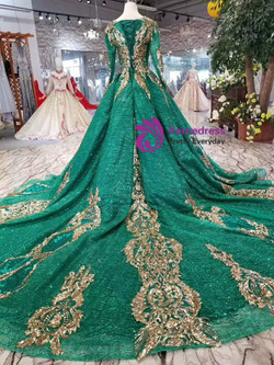 Green Ball Gown Sequins Gold Sequins Appliques Long Sleeve Wedding Dress