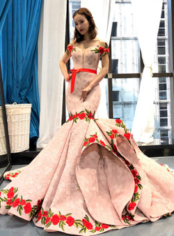 Pink Mermaid Lace Red Appliques Off The Shoulder Prom Dress With Sash
