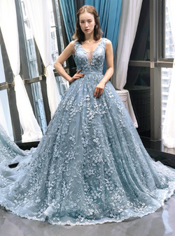 Gray Blue Ball Gown Tulle Appliques V-neck Backless Prom Dress