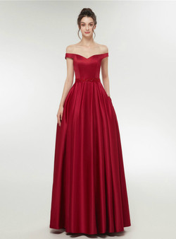 Simple A-Line Burgundy Satin Off The Shoulder Prom Dress With Pocket