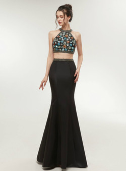 Marvelous Black Mermaid Two Piece Halter Backless Long Prom Dress