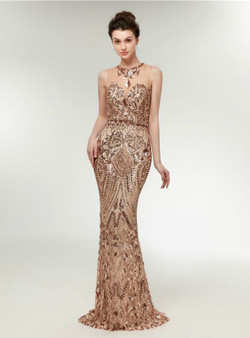 Gold Sequins Mermaid Sleeveless See Through Long Prom Dress