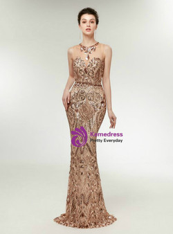 Gold Sequins Mermaid Sleeveless See Through Long Prom Dress