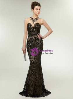 Romance Black Mermaid Sequins Scoop Sleeveless Floor Length Prom Dress