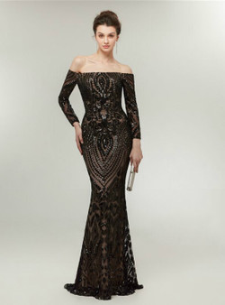 Glamorous Black Mermaid Off The Shoulder Sequins Long Sleeve Prom Dress