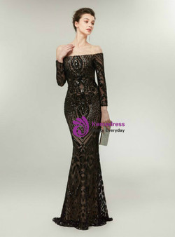 Glamorous Black Mermaid Off The Shoulder Sequins Long Sleeve Prom Dress
