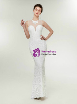 Luxurious White Mermaid See Through Neck Sequins Prom Dress