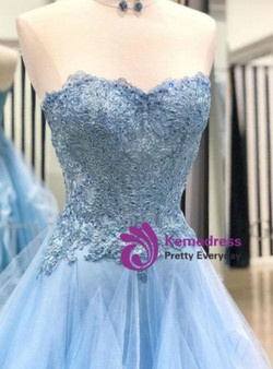 A-Line Blue Tulle Lace Appliques Sweetheart Layered Prom Dress A-Line Blue Tulle Lace Appliques Sweetheart Layered Prom Dress