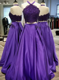 Sexy Halter Backless Purple Satin Two Piece Lace Prom Dress With Pocket