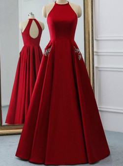 Winsome A Line Burgundy Satin Halter Open Back Prom Dress With Pocket