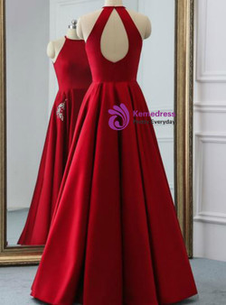 Winsome A Line Burgundy Satin Halter Open Back Prom Dress With Pocket