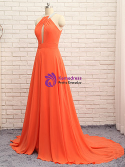 Orange Chiffon Halter Cut Out Backless Long Prom Dress