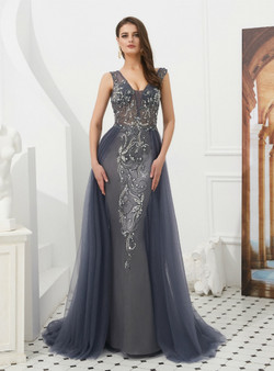 A-Line Gray Sheath Tulle V-neck Backless Prom Dress With Beading