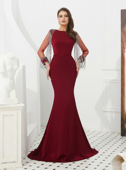 Simple Burgundy Mermaid Long Sleeve Satin Prom Dress With Beading