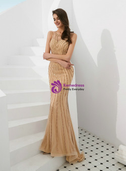 Brilliant Champagne Mermaid Tulle Sleeveless Prom Dress With Beading