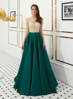 A-Line Green Satin V-neck Cold Shoulder Backless Prom Dress With Beading