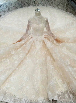 Shop 2019 Long & Short Champagne Ball Gown Tulle Lace High Neck Long Sleeve Wedding Dress With Beading With Factory Price From Kemedress