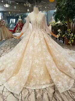 Shop 2019 Long & Short Champagne Lace V-neck Long Sleeve Haute Couture Wedding Dresses With Beading With Factory Price From Kemedress