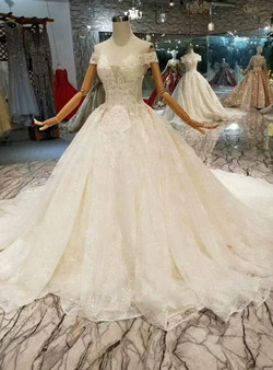Shop 2019 Long & Short Champagne Ball Gown Sequins Lace Appliques Off The Shoulder Wedding Dress With Factory Price From Kemedress