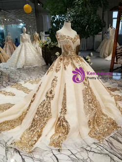 Shop 2019 Long & Short Champagne Ball Gown Sequins Gold Sequins Appliques Off the Shoulder Wedding Dress With Factory Price From Kemedress