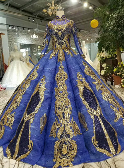 Shop 2019 Long & Short Blue Ball Gown Gold Sequins Appliques High Neck Long SLeeve Wedding Dress With Factory Price From Kemedress