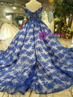 Shop 2019 Long & Short Blue Lace Ball Gown Off The Shoulder Wedding Dress With Beading With Factory Price From Kemedress