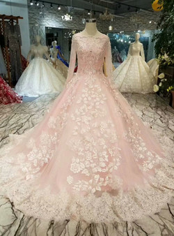 Shop 2019 Long & Short Pink Ball Gown Tulle Long Sleeve Lace Appliques Wedding Dress With Beading With Factory Price From Kemedress