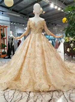 Shop 2019 Long & Short Champagne Gold Tulle Sequins Off The Shoulder Beading Wedding Dress With Factory Price From Kemedress