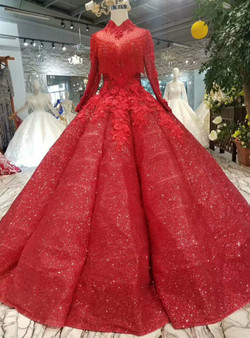 Shop 2019 Long & Short Red Ball Gown High Neck Long Sleeve Appliques Floor Length Wedding Dress With Factory Price From Kemedress