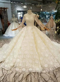 Shop 2019 Long & Short Champagne Ball Gown Lace Tulle Long Sleeve High Neck Weddign Dress With Beading With Factory Price From Kemedress