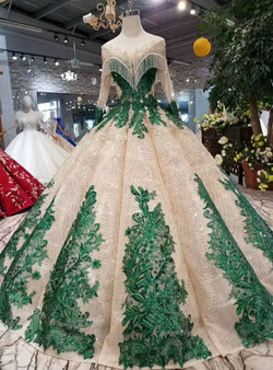 Shop 2019 Long & Short Champagne Ball Gown Sequins Green Lace Appliques Long Sleeve Backless Wedding Dress With Factory Price From Kemedress