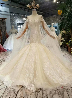 Shop 2019 Long & Short Champagne Tulle Sequins Mermaid Cap Sleeve Appliques Wedding Dress With Long Train With Factory Price From Kemedress