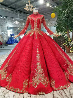 Shop 2019 Long & Short Red Ball Gown High Neck Backless Long Sleeve Sequins Appliques Wedding Dress With Factory Price From Kemedress
