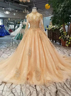 Shop 2019 Long & Short Champagne Tulle High Neck Long Sleeve Backless Weding Dress With Beading With Factory Price From Kemedress