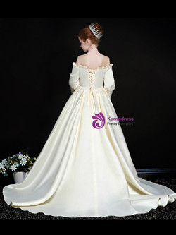 Shop 2019 Long & Short In Stock:Ship in 48 Hours Ball Gown Satin Long Sleeve Cold Shoulder Girl Dress With Factory Price From Kemedress