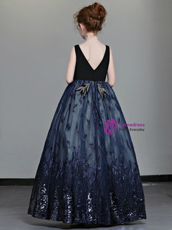 Shop 2019 Long & Short In Stock:Ship in 48 Hours Navy Blue Tulle V-neck Flower Girl Dress With Factory Price From Kemedress