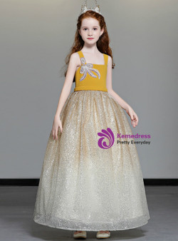 Shop 2019 Long & Short In Stock:Ship in 48 Hours Champagne Tulle Sequins Straps Flower Girl Dress With Factory Price From Kemedress