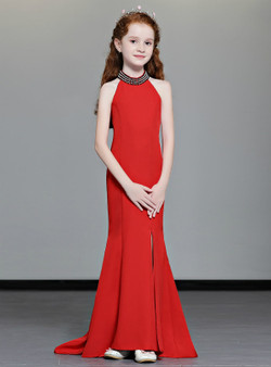 Shop 2019 Long & Short In Stock:Ship in 48 Hours Red mermaid Satin Halter Flower Girl Dress With Factory Price From Kemedress