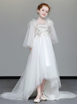 Shop 2019 Long & Short In Stock:Ship in 48 Hours White Tulle Hi Lo Appliques Flower Girl Dress With Factory Price From Kemedress
