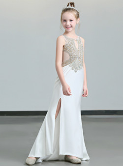 Shop 2019 Long & Short In Stock:Ship in 48 Hours White Mermaid Cut Out Crystal Flower Girl Dress With Factory Price From Kemedress