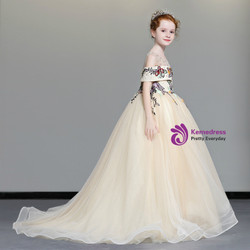 Shop 2019 Long & Short In Stock:Ship in 48 Hours Yellow Tulle Cold Shoulder Embroidery Girl Dress With Factory Price From Kemedress