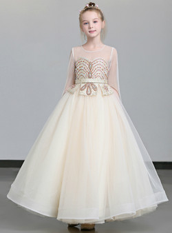 Shop 2019 Long & Short In Stock:Ship in 48 Hours Champagne Tulle Long SLeeve Flower Girl Dress  With Factory Price From Kemedress