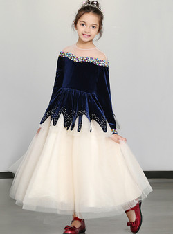 Shop 2019 Long & Short In Stock:Ship in 48 Hours Blue Velvet Tulle Long Sleeve Girl Dress With Crystal With Factory Price From Kemedress