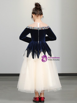 Shop 2019 Long & Short In Stock:Ship in 48 Hours Blue Velvet Tulle Long Sleeve Girl Dress With Crystal With Factory Price From Kemedress