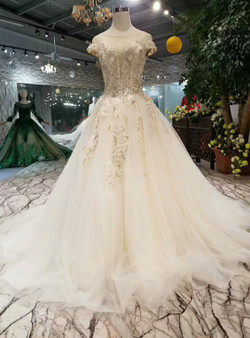 Shop 2019 Long & Short Ivory Ball Gown Tulle Bateau Cap Sleeve Backless Wedding Dress With Beading With Factory Price From Kemedress