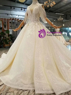 Shop 2019 Long & Short Champagne Ball Gown Deep V-neck Backless Tulle Sequins Appliques Wedding Dress With Factory Price From Kemedress