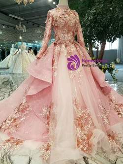 Shop 2019 Long & Short Pink Ball Gown High Neck Long Sleeve Appliques Beading Wedding Dress  With Factory Price From Kemedress