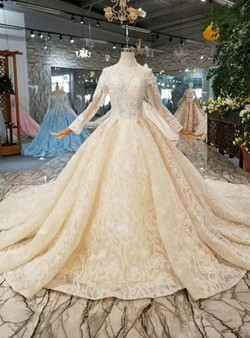 Shop 2019 Long & Short Chamapgne Ball Gown Tulle Lace High Neck Long Sleeve Wedding Dress With Factory Price From Kemedress