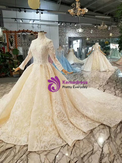 Shop 2019 Long & Short Chamapgne Ball Gown Tulle Lace High Neck Long Sleeve Wedding Dress With Factory Price From Kemedress
